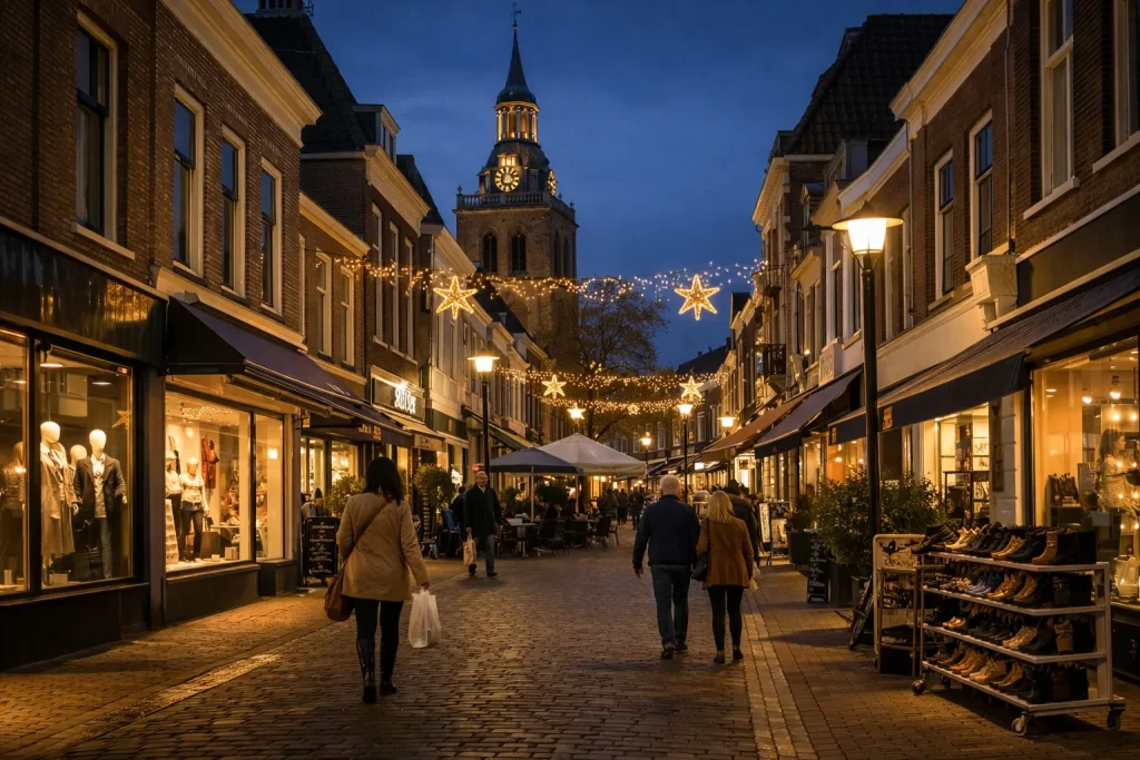 Verlichte winkelstraat in Meppel tijdens koopavond met winkelend publiek in de avondschemering