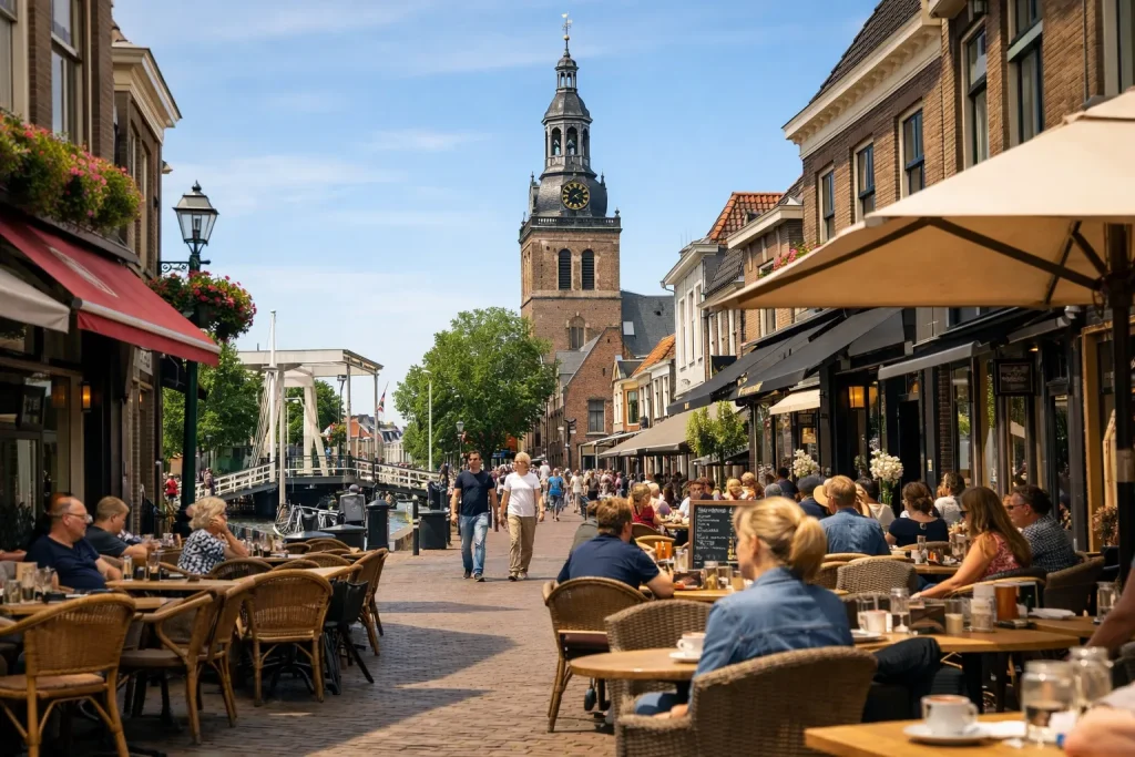 Winkelstraat in Meppel met geopende winkels overdag.