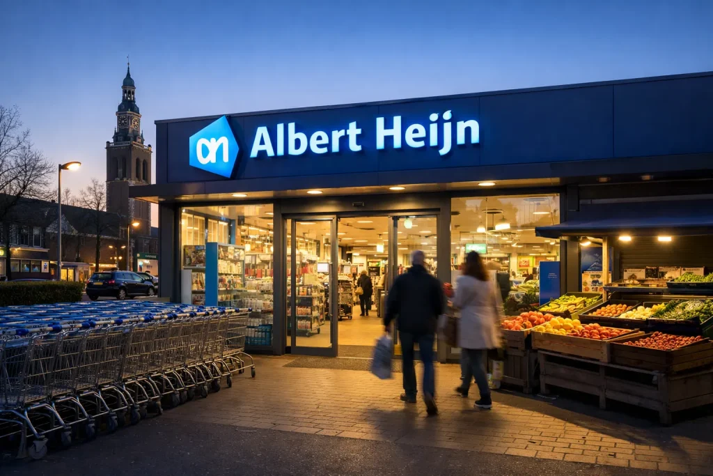 Verlichte supermarkt in Meppel met winkelwagens en klanten bij zonsondergang