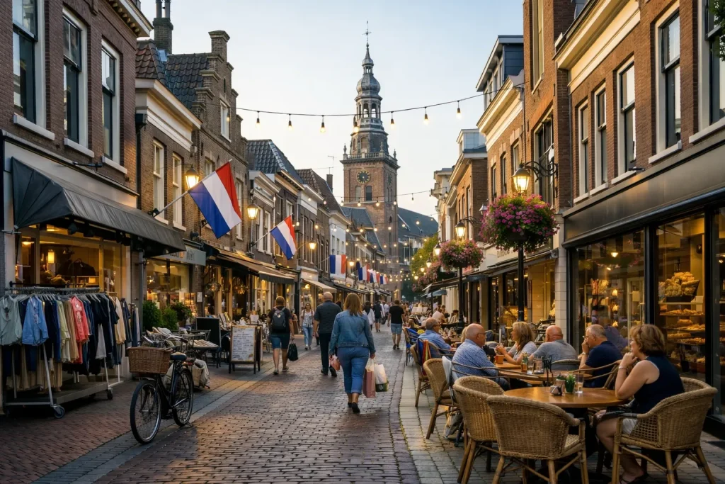 Gezellige winkelstraat in Meppel met shoppers en terras bij avondlicht