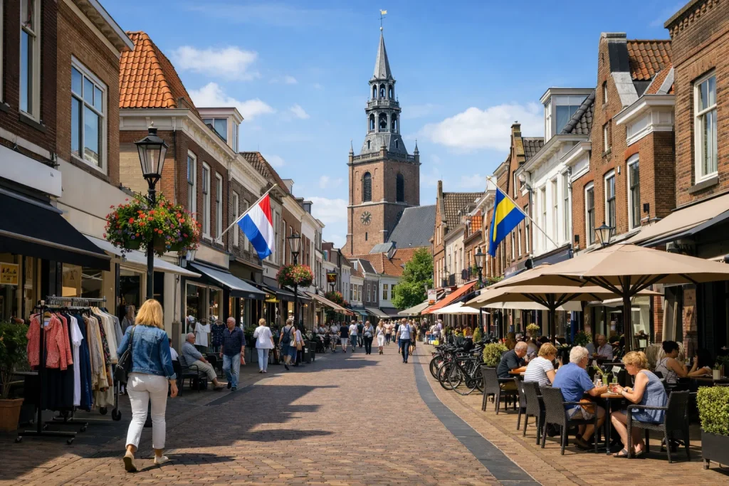 Winkelstraat in het centrum van Meppel met shoppers en historische gevels overdag.