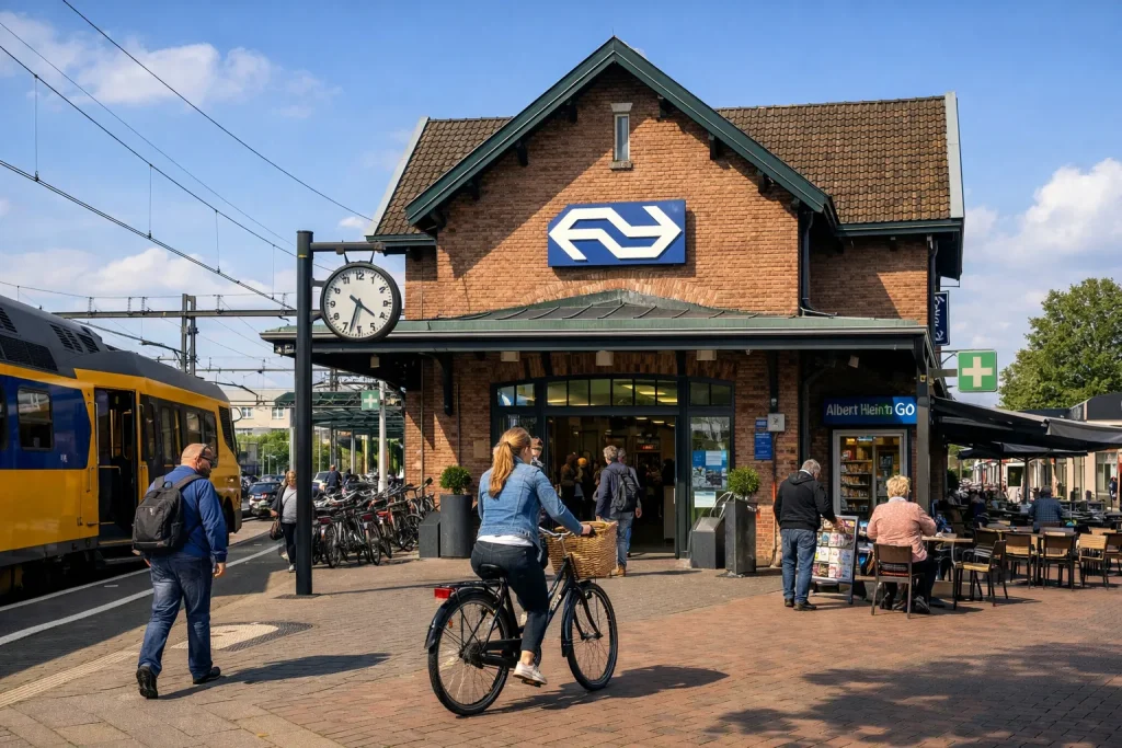 Voorkant van station Meppel met trein en reizigers in de zon