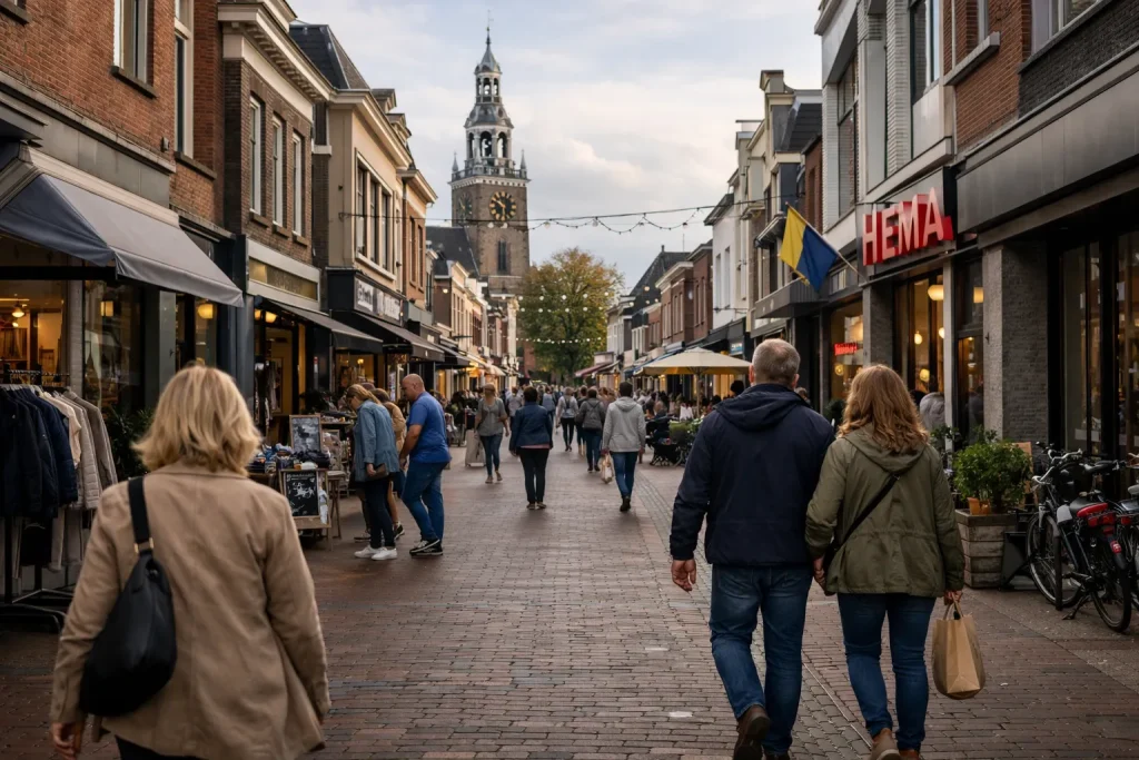Drukke winkelstraat in het centrum van Meppel met shoppers en historische gebouwen.