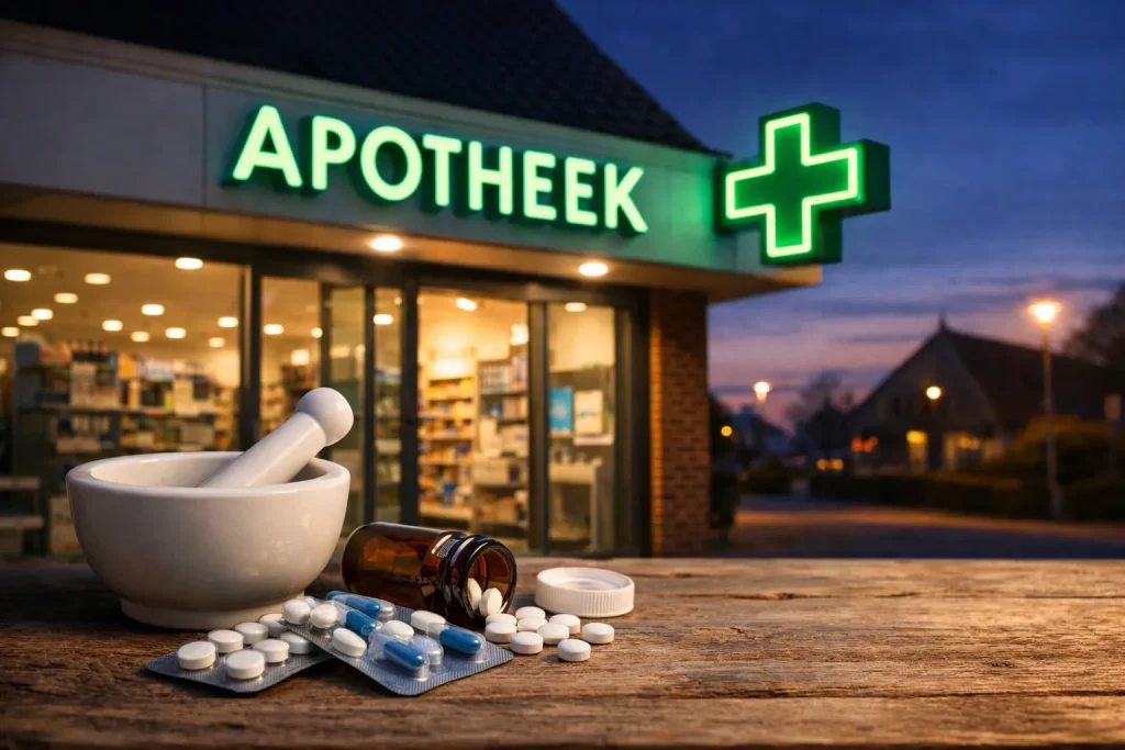 Verlichte apotheek in Meppel bij avond met medicijnen op de voorgrond
