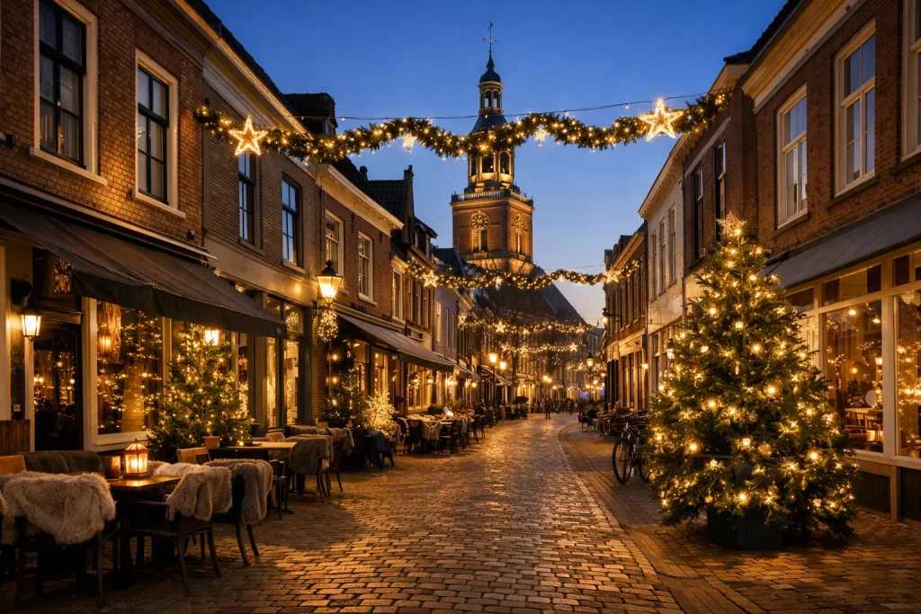 Verlichte winkelstraat in Meppel tijdens kerst met feestdecoratie en winterse sfeer