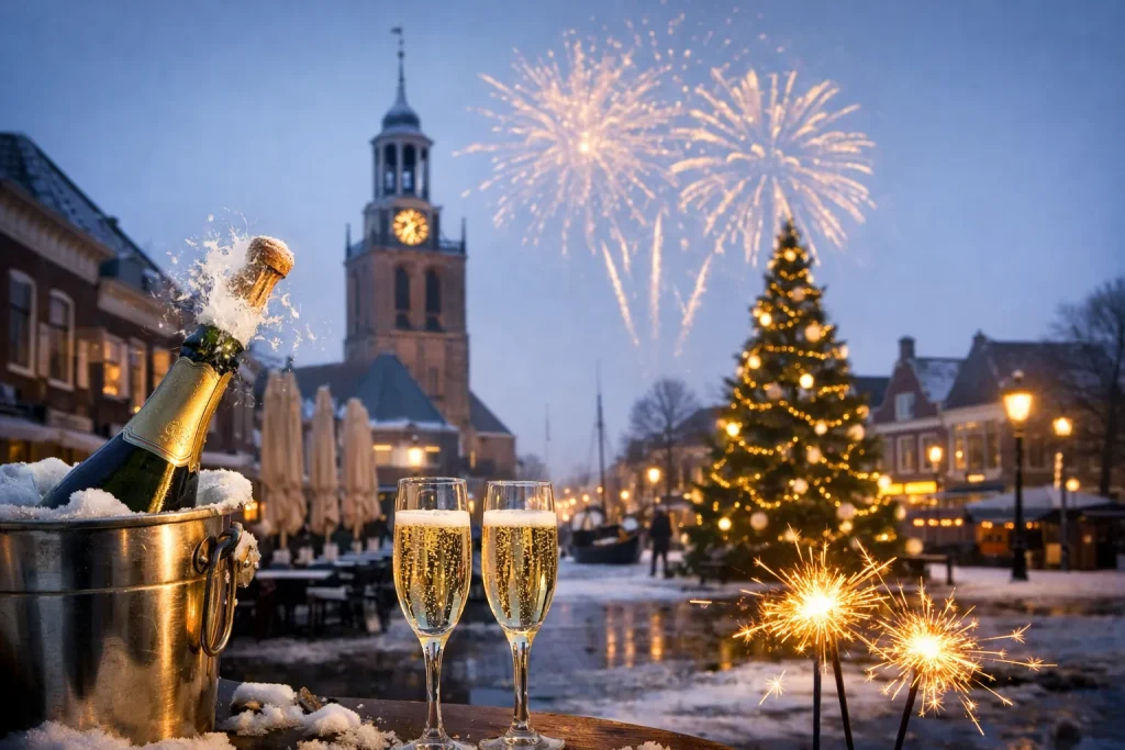 Feestelijk versierde winkelstraat in Meppel tijdens oud en nieuw in de winteravond