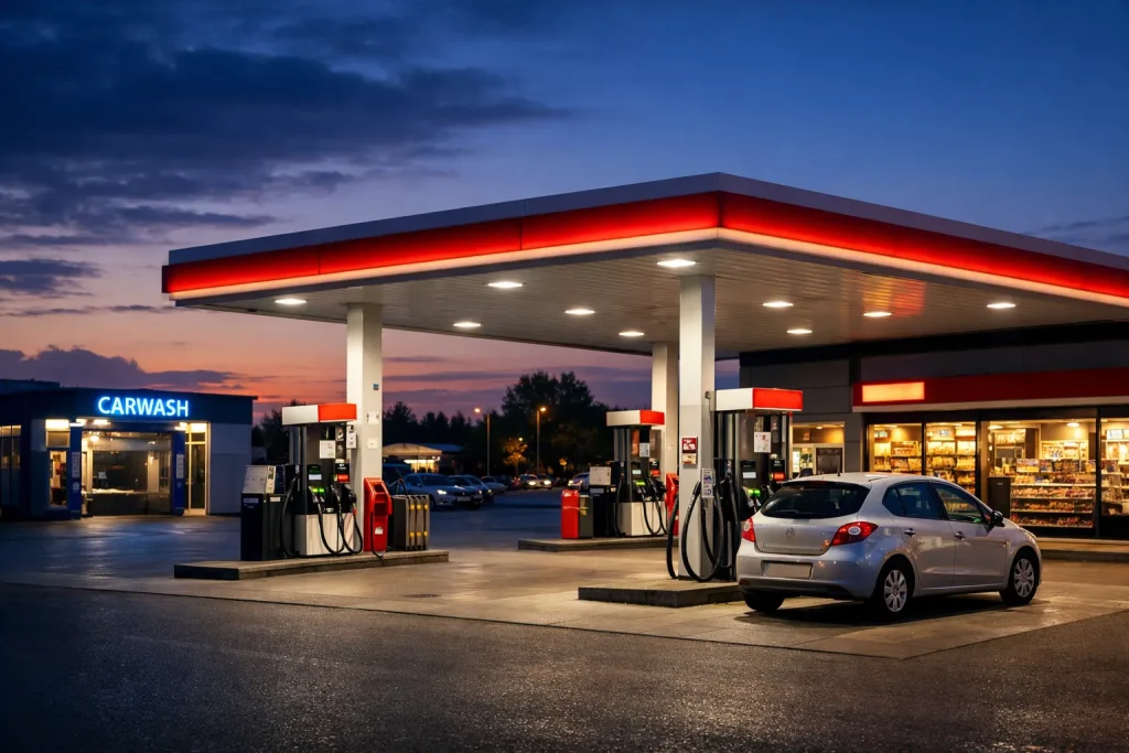 Modern tankstation in Meppel met verlichte shop en carwash in de avond
