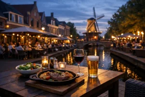 Diner op terras aan de gracht in Meppel met verlichte molen op de achtergrond