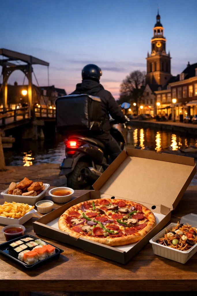 Bezorger met maaltijd bij voordeur in Meppel tijdens de avond