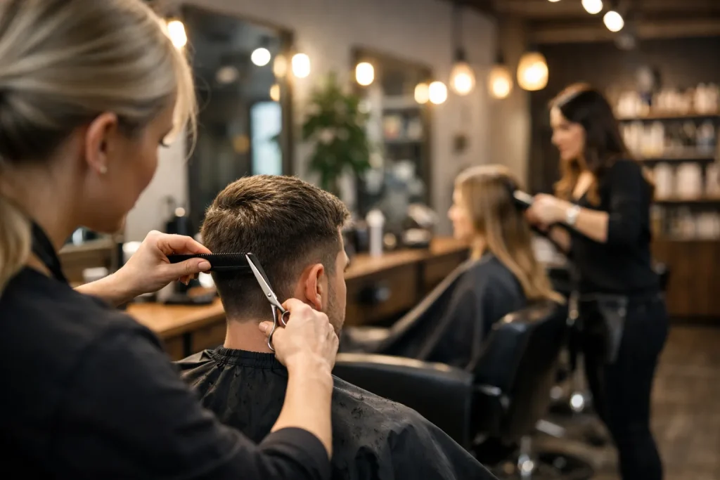 Interieur van een kapsalon in Meppel met kapper aan het werk en lege stoelen op de achtergrond