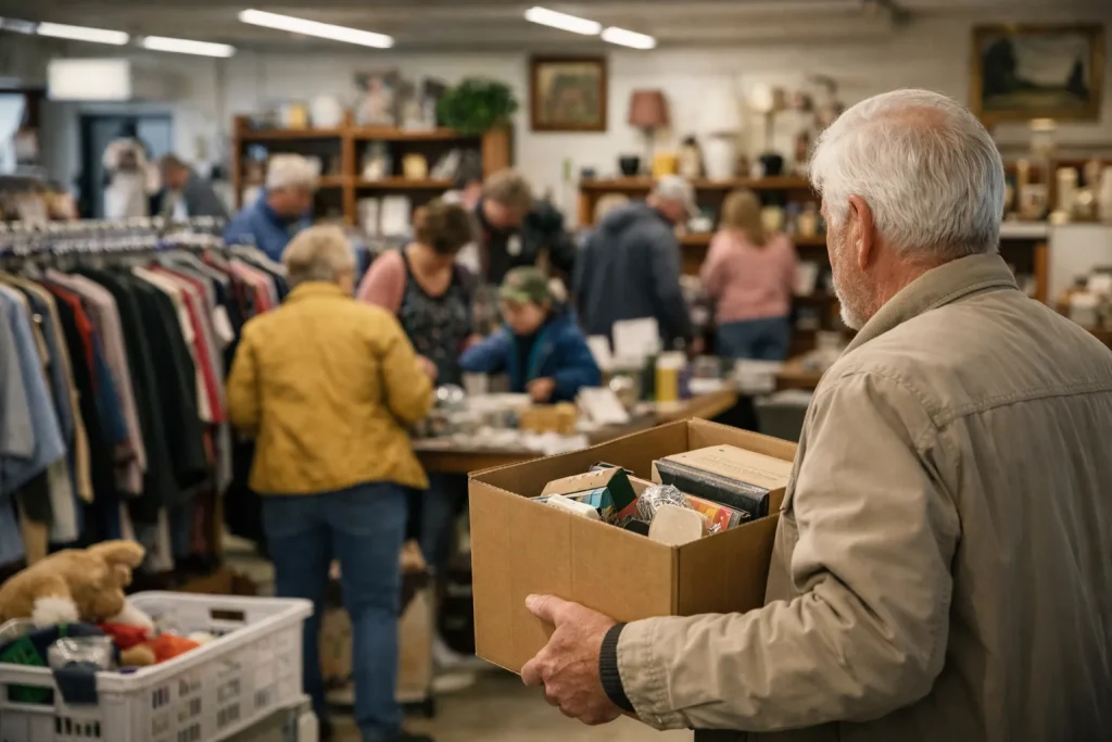 Realistische foto van een drukke kringloopwinkel met winkelende mensen en volle rekken in Meppel