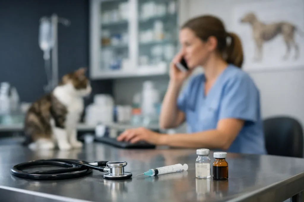 Dierenarts in praktijk met kat en medische instrumenten op tafel