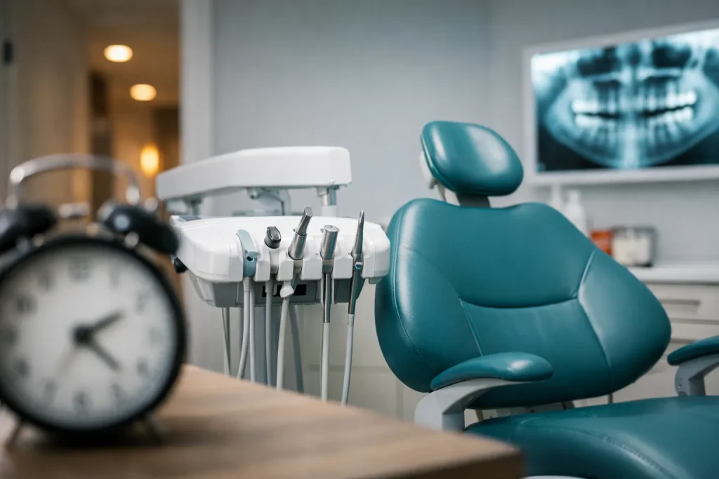 Moderne tandartsstoel in praktijkruimte met apparatuur en klok op de voorgrond