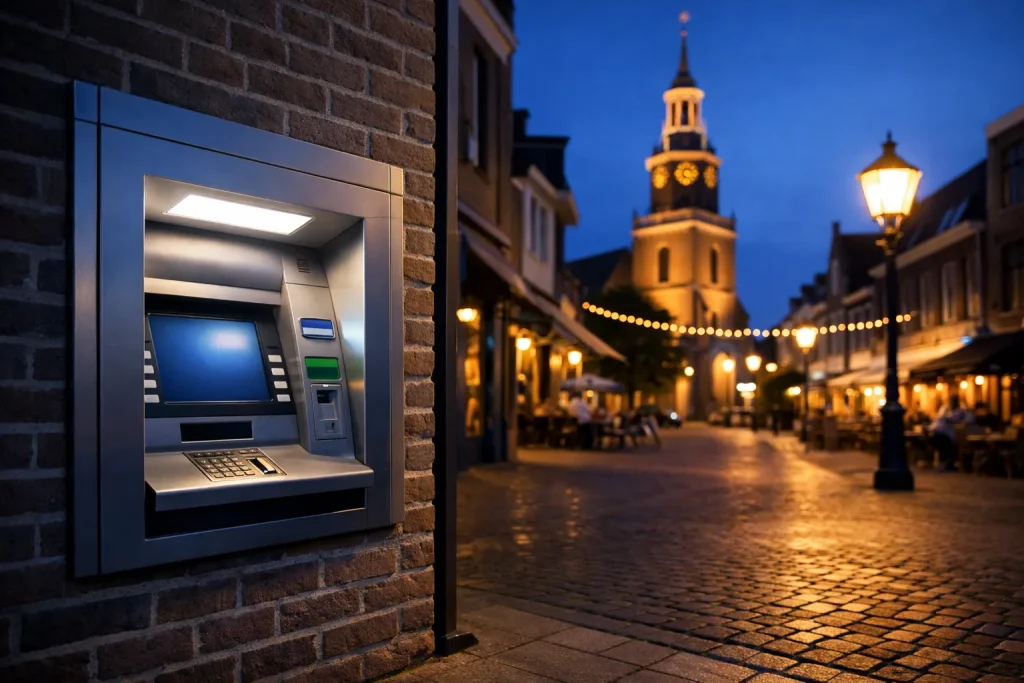 Vrijstaande geldautomaat in het centrum van Meppel in de avond