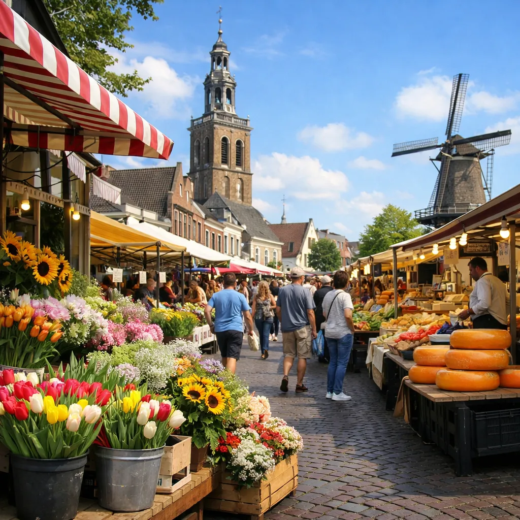 Drukke weekmarkt in Meppel met bloemen- en kaas­kramen in het centrum.