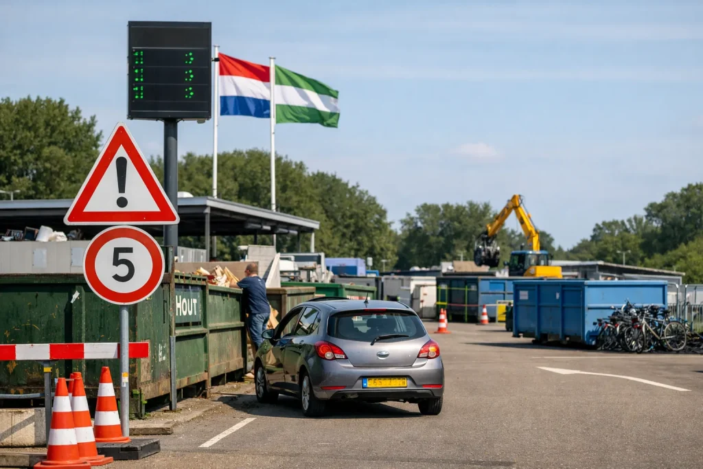 Bezoekers brengen afval naar de milieustraat in Meppel op een heldere dag.