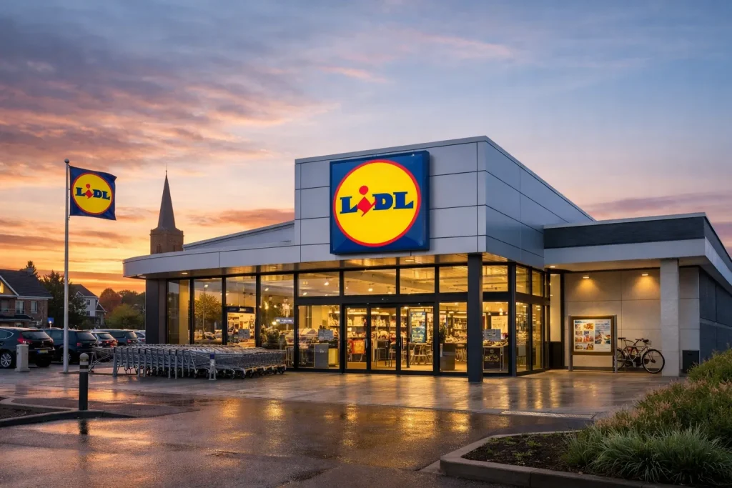 Buitenkant van een Lidl-winkel in Meppel bij zonsondergang