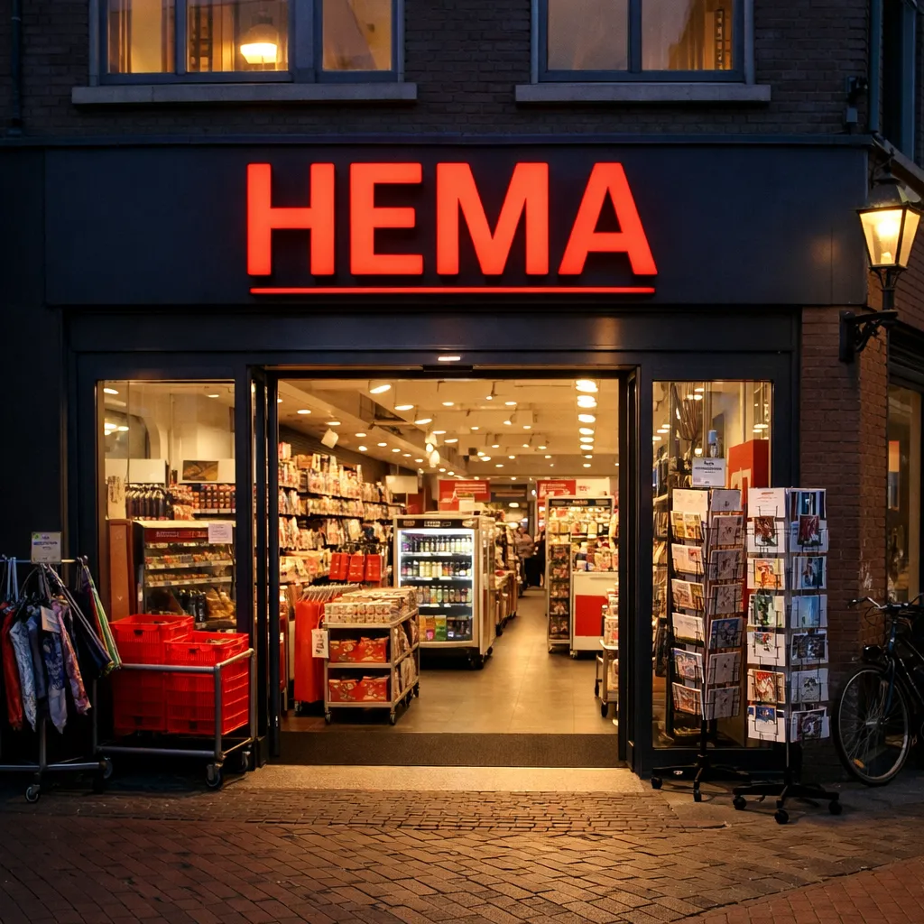 Ingang van een HEMA-winkel in Meppel bij avondlicht