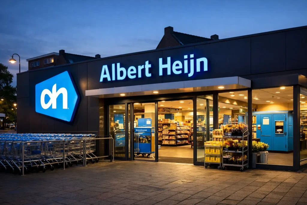 Ingang van Albert Heijn in Meppel in de avondschemering.